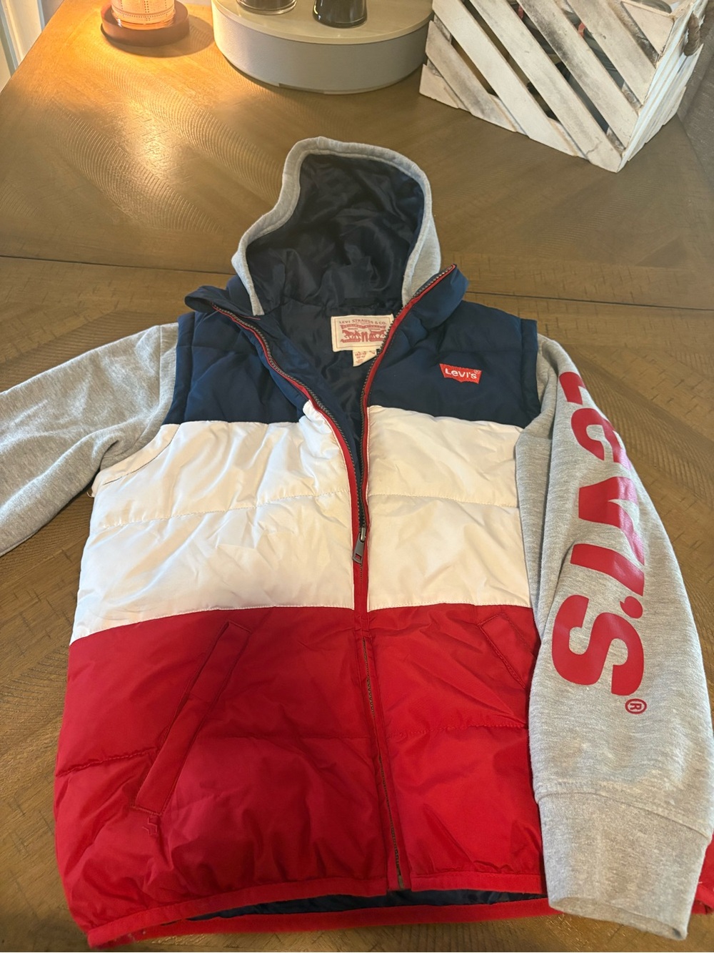 Levi's Kids Tricolor Puffer Jacket with Hood - Navy/White/Red